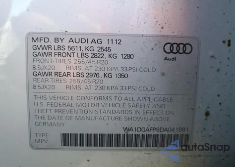 2013 Audi Q5 Premium Plus z USA, uszkodzony, nr VIN WA1DGAFP9DA041891